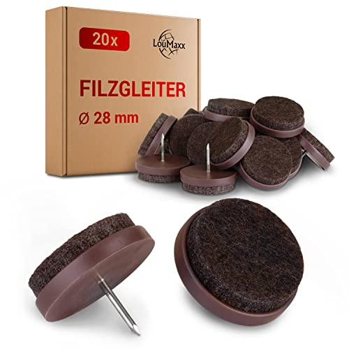 LouMaxx Stolfilttassar med rund spik, Ø 28 mm mörkbrun – stolsglidare med 3 mm tjock filt – filttassar för stolar – premium stolsbenskydd, filt, även för möbler 20 stycken
