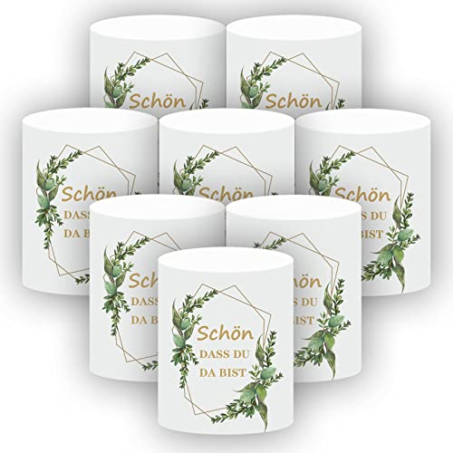 8 Stück Windlicht Tischdeko mit Schön Das Du Da Bist und Eukalyptus, Tisch Deko für Taufe/Geburtstag/Kommunion/Konfirmation/Hochzeit/Gartenparty, Mädchen Junge für Teelichter und Kerzen