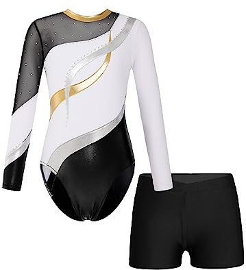 CHICTRY Kids Girls Sparkly Rhinestones Long Sleeve Gymnastics Dance Leotard Bodysuit Biketard Top with Shorts Set Swimwear White 5-6 Years