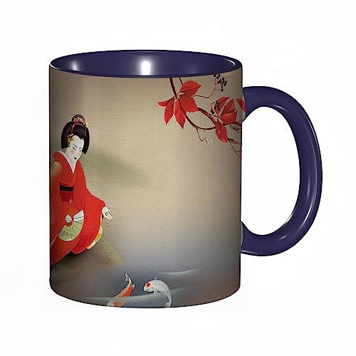 RFSHOP Taza de café Koi Fish Geisha alimentando a la bestia cultura del tiempo de otoño ambiente oriental impresión roja oriental taza de té de cerámica de 11 onzas con asa para el hogar, oficina,