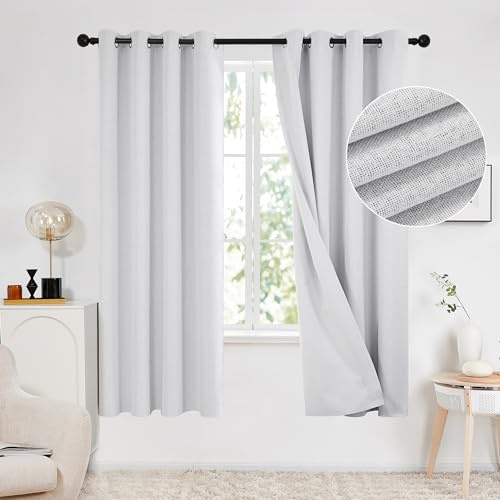 Deconovo Total Blackout Curtains with Double-sided Faux Linen, Ring Top Thermal Insulated Curtains for Nursery, 66x72 Inch(Width x Length), Greyish White, 2 Panels