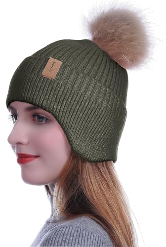HEYANN Mütze Damen mit Ohrenklappe,Wintermütze Herren Strickmützen für Damen Fahrradhelm Beanie Hut Unisex Winter Beanie Hut Outdoor Skimütze für Männer und Frauen (Army Green)