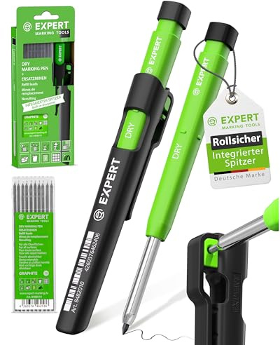 EXPERT Zimmermannsbleistift mit integriertem Spitzer Handwerker Bleistift | EXPERT DRY Zimmermannsbleistift inkl. 11 Minen | Nachfüllbarer Tieflochmarker mit Graphit-Minen-Set| Bleistift Baustelle