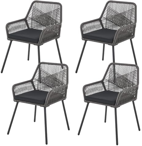 Juskys Rope Gartenstühle Kastos 4er Set - Outdoor Stuhl mit Armlehne & Kissen - Gartenstuhl 150 kg belastbar - Garten Balkon - Stühle Grau