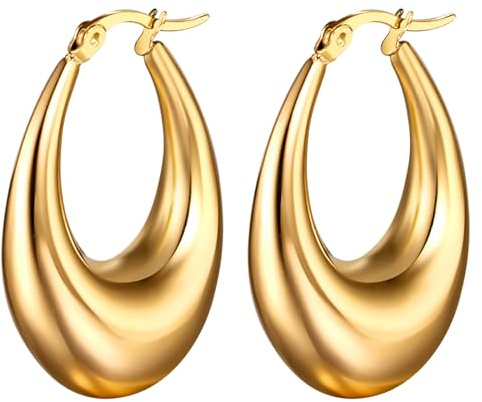 Flongo Ohrringe Hoop Damen Creolen: gold rosegold silber oval Ohrstecker rund Groß Dick klobige Edelstahl Tropfen Glitzer Huggies charm chunky Reif Earrings Modeschmuck Geschenk für Frauen Mädchen