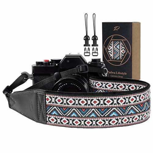 Padwa Lifestyle Kameragurt - 2“ Vollnarbenleder Kameragurte für Fotografen, Vintage bestickt Baumwollgewebe weiches Wildleder Stoff gepolstert Riemen Schnellspanner passt alle Kameras - Boho Weiß