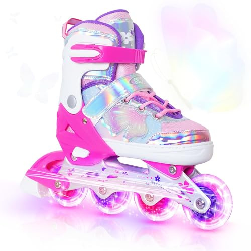 Pattini in linea per bambini e bambine, con lame rosse, per bambini di età 7, 8, 9, 10 anni, regolabili, tutte le ruote si illuminano, per interni ed esterni, sport, regalo di compleanno per figlio e
