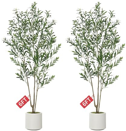 Lot de 2 oliviers artificiels d'intérieur de 1,8 m avec grand pot, tronc en bois naturel et feuilles, fausse plante pour décoration de maison, bureau, chambre à coucher