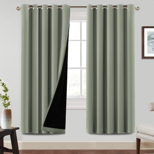 BellaHills 100% Blackout Curtains for Bedroom Thermal Insulated Blackout Curtain Heat and Full Light Blocking Eyelet Curtains for Living Room with Black Liner 2 Panels, 66 x 72 Inch, Light Sage