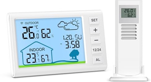 Termoigrometro Ankilo Stazione Meteo con Sensore Esterno, Ttazione meteorologica digitale senza fili con display LCD, termometro retroilluminato e monitor dell'umidità con data