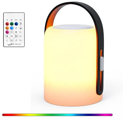 HUAEU LED Akku Tischleuchte mit Bluetooth Lautsprecher, RGB Farbwechsel, Dimmbar, USB Aufladbar, Kabellos, Outdoor Lampe für Garten & Camping, IP44 wasserdicht(schwarzer Griff)
