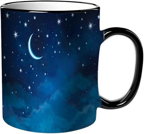 KDWJS Tasse Keramik Kaffeetassen Große 11oz Tassen 330ml Trinkgläser Mit Griff Personalisierte Geschenk Weiß,Nachthimmel-Hintergrund mit Sternen und Mond.