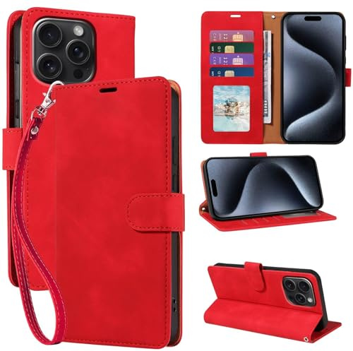 GOTOURED for iPhone 15 Pro Max Case Wallet, RFID Blocking Card, Red | 4 Card Slots, Wrist Strap, Soft PU Leather Flip Cover, Kickstand, Cash Pocket, Magnetic Closure, TPU Shell Protective