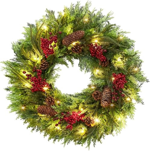 GAOMON Vorbeleuchteter Weihnachtskranz für Haustür, 55,9 cm beleuchteter Kranz mit Tannenzapfen, roten Beeren und grünen Zweigen, batteriebetriebener Weihnachtskranz für Kamin, Fenster, Wand, Urlaub,