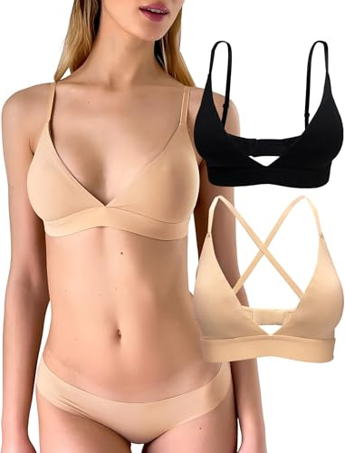KUKU PANDA Lot de 2 Soutien-Gorge Triangle Femme - Coton Confortable sans Armatures avec Doublure Légère - Décolleté en V (Blanc/Beige, Large
