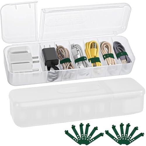 Qualsen 2 Pcs Cable Organiser with 12 Cable Ties, Clear Acrylic Cable Tidy Box Cable Management Box, Cable Box with Lid for Home Office Desk Organisers and Accessories