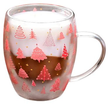 MINGZHE Weihnachtsbaumglas, Weihnachtsbecher, Doppelwandiges Glas, Kaffeetassen, Weihnachtsbaum, Isolierte Gläser, Tassen mit Griff für Zuhause, Urlaubsbedarf, 12 X 10 Cm