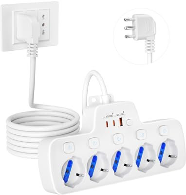 Ciabatta Multipresa con USB,Multipresa 5 Posti Polivalenti Schuko 10/16A,Ciabatta Elettrica con Interruttori Indipendenti,Presa Multipla Salvaspazio per Bivalenti Bipasso,Italian Spina16A,Bianco,1,5m