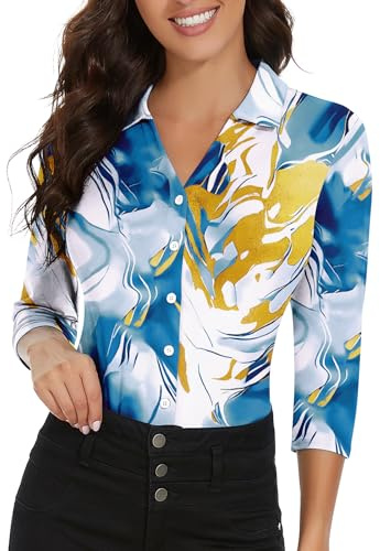 Soneven - Camicetta a polo da donna, elegante, scollo a V, con colletto, a maniche lunghe, da golf, estiva, traspirante, XL