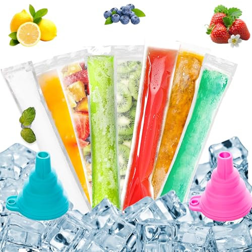 VEGCOO 250Pcs Sacs Popsicle, Moule Sacs Popsicle, Sacs de Moules à Glaces, DIY Sacs Popsicle avec 2 Entonnoirs pour DIY Glaces,Yaourts,Bonbons, Glaçons