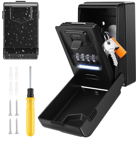 Key Safe Wall Mounted with Light Up Dial, Key Lock Box Outdoor 4 Digit Combination, Waterproof Large Key Box Police Approved Lockbox Key Storage Box for Home Garage School Office