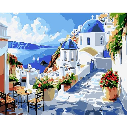 NEWENMO Arquitectura Griega Pintar por Numeros Adultos,Vista al Mar Pintura por Numeros Kit,Flores Paint by Numbers Adult,con Pinceles y Pigmento Acrílico,Decoracion para Hogar,Sin Marco 40x50cm