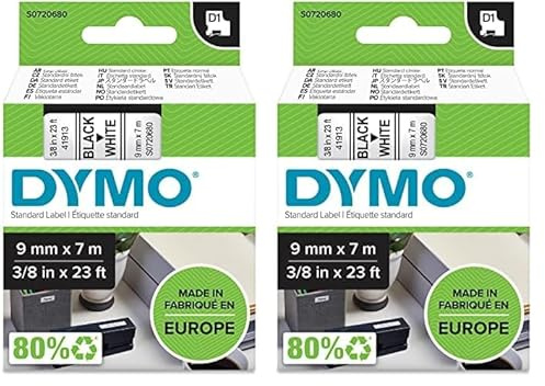 DYMO Original D1-Etiettenband | 9 mm x 7 m | schwarz auf weiß | selbstklebendes Etikettenband | für LabelManager-Beschriftungsgerät (Packung mit 2)