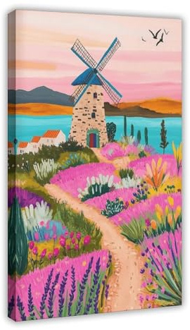 NFFBGFD Lavendelfeld-Windmühle – von der Provence inspiriertes bedruckbares Leinwand-Poster, Wandkunstdruck, Bild, Gemälde, 40 x 60 cm