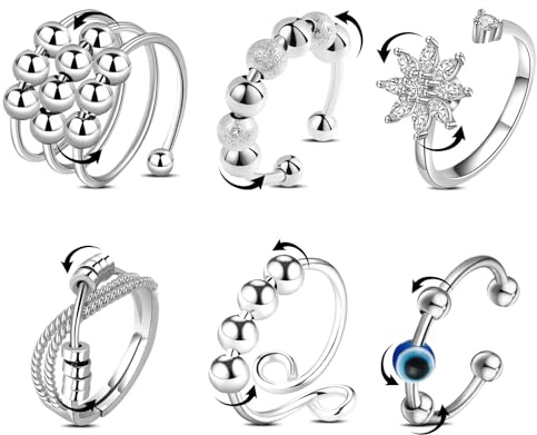 wlertcop weltcup 6 Pcs Anxiety Ring Spinner Ringe Angst Fidget Ringe Verstellbare Stapelbare für Stress Abbauen Unendlichkeit Spinner Fidget Ring mit Perlen, Unisex Dekompressionsringe Paar Ringes
