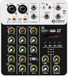 Mixer Audio, V4 4 canali mixer DJ console portatile 48V Phantom Power USB DJ console con scheda for PC registrazione canto(V4 White Type)