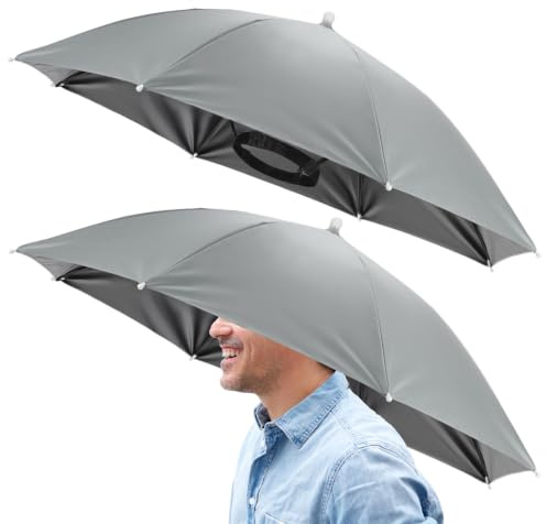 TIXIPEM 26 Headband Umbrella Hat [2 Pcs] - Hands Free Foldable Umbrella Cap Sun Hat Use for Fishing & Gardening & Golf & Camping & Hiking - [Gray] Black Glue Top Outdoor