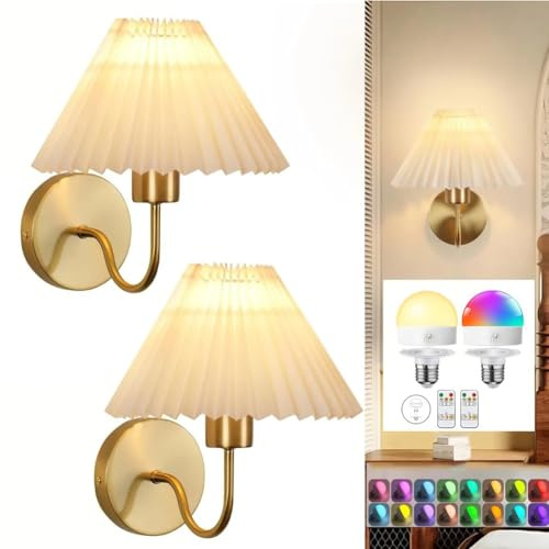 LOGT 2 Stück LED Akku Wandleuchte Ohne Stromanschluss Innen Gold Wandlampe Batterie mit Fernbedienung Dimmen Wandbeleuchtung Kabellos Aufladbare Wohnzimmerlampe Stoffschirm Retro Boho Lampe Messing