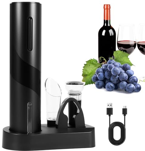 Electric Wine Bottle Opener, Electric Corkscrew Wine Opener, USB Rechargeable Wine Corkscrew Bottle Opener with Foil Cutter, LED Indicator, Aerator Pourer, Vacuum Stopper, Storage Base for Wine Lovers