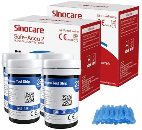 Sinocare Safe Accu2 Blood Glucose Test Strips, 100 Count, No Coding Required, Includes 100 Lancets, For Use with Safe Accu2 Blood Glucose Meters