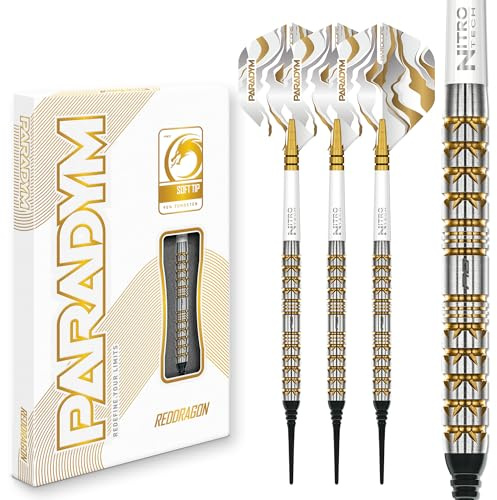 Röd DRAGON Darts – Paradym Gold Series Dart Pilar | 18 g fat/20 g full vikt | Parallellfat | Professionell mjuk spets dart set – 90 % volfram professionell dartpilar | Innehåller dartvingar och skaft