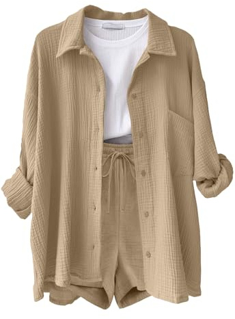 CheChury Completo Donna 2 Pezzi in Lino e Cotone Tuta da Donna Elegante Estivi Casual Tuta Estiva 2 Pezzi Set Camicia a Maniche Lunghe e Pantaloncini a Vita Alta con Coulisse Tasche Spiaggia Vacanza