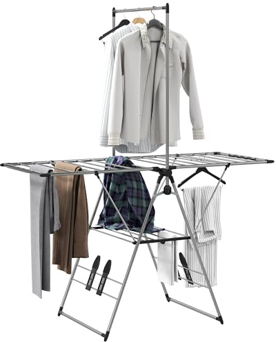 HOMCOM Wäscheständer Turm Faltbar 2 Ebenen 156,5x68x192cm Silber | Verstellbare Flügel, Schuhhalter, Standtrockner, Flügelwäscheständer, Wäschetrockner, Edelstahl, für Innen- und Außenbereich