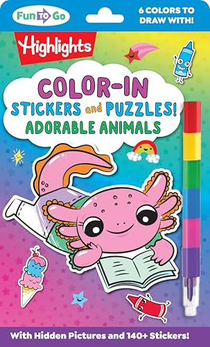 Color-In Stickers and Puzzles! Adorable Animals: Over 140 Kids Stickers for You to Color and Decorate, Animal Puzzles Activity Sheets for On-The-Go Fun (Highlights Fun to Go)