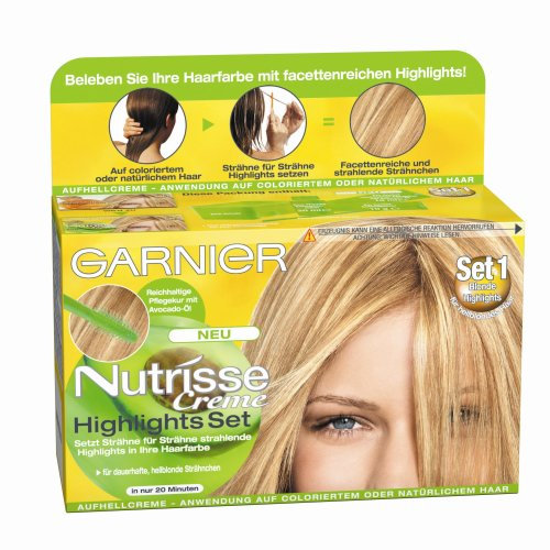 Garnier Nutrisse Creme Highlights Set 1 für helle Strähnchen, Strähnen Set zum selber machen für hellblondes Haar (mit Avocado-Öl), 1 Stück