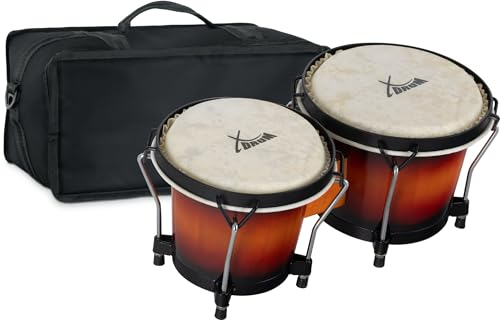 XDrum PERC Bongos Club Vintage Sunburst - 2 Trommeln mit 6 und 7 - Bongotrommeln mit stimmbaren Naturfellen und Stimmschlüssel - Holztrommeln Sunburst- Set inkl. gepolsterter Bongotasche aus Nylon