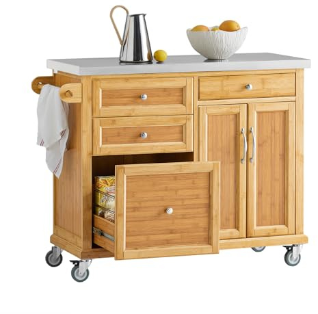SoBuy Kücheninsel auf Rollen mit Edelstahlplatte & Bremsen, 115x92x46cm | Servierwagen mit 4 Schubladen, verstellbaren Böden & Handtuchhalter, 100 kg Tragkraft, MDF/PB, Küche & Esszimmer, FKW70-N