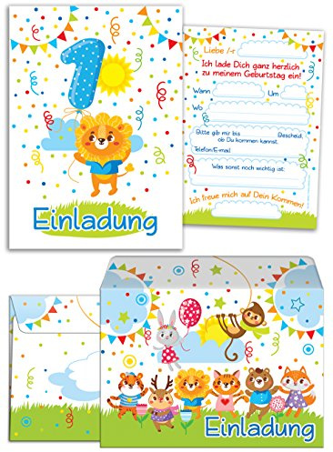 JuNa-Experten 12 Einladungskarten zum 1. Kindergeburtstag für Jungen/Mädchen incl. 12 Umschläge/bunte Einladungen zum Geburtstag für Jungen/Mädchen Löwe