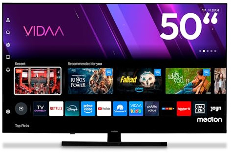 MEDION TV 50 pollici (125,7 cm) QLED Smart TV 4K (Dolby Vision HDR, VIDAA Store, DVB-T2 HD, DVB-C, DVB-S2, HEVC, Netflix, Prime Video, Disney+, DAZN, Paramount+, DTS X, Dolby Atmos, PVR, MD 850600)