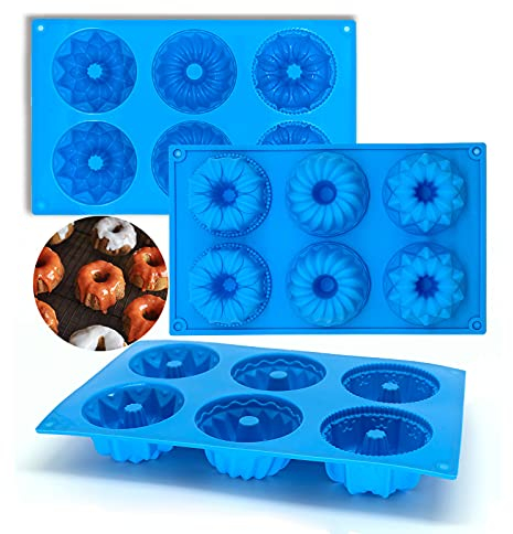 MARUKO 3 Stück Mini Gugelhupfform Silikon, Gugelhupf Backform, Gugelhupf Silikonform Mini Kuchen Silikon Backform mit Antihaftbeschichtung 28x17x3.5cm (Blau)