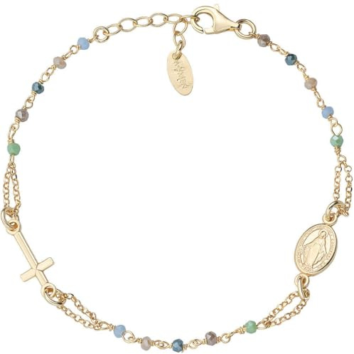 Amen Rosari Cross Rosenkranz Armband aus 925er Silber vergoldet hergestellt, mit Kristallen verziert, Länge: 18 + 2 cm verlängerbar, BRO25GMUV3