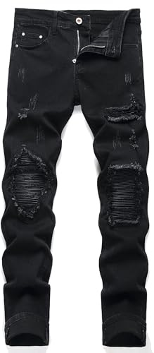 OIIIO Men's Patch Ripped Stretch Regular Fit Jean (32, Black-6601)