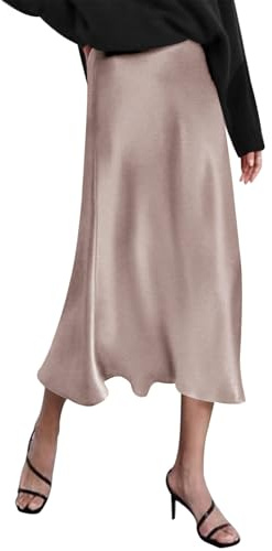 Zeagoo Womens Silk Midi Skirt High Waist Satin Skirt Elegant Zipper Skirts Large Light Khaki