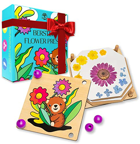 Berstuk Wooden Flower Press for Children (Bear) - Our Boys and Girls Flower Press Kit Measures 18cm x 18cm - Ideal Form of Arts and Crafts for Kids to Help Them Focus and Get Creative