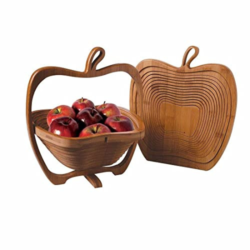 Fruit Bowl Trivet Collapsible Wood Fold able Fruit Apple-Shaped Natural Bamboo Basket Wooden Brown