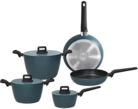 Tognana Glamour Blustyled, Batteria di pentole e padelle antiaderenti, Set con 2 padelle, 3 casseruole, 3 coperchi trasparenti, 8 Pezzi, Alluminio, Blu